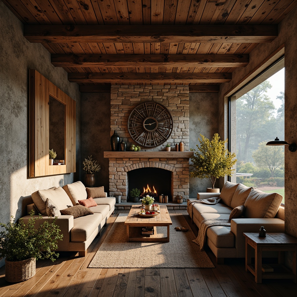 Prompt: Weathered wooden accents, distressed stone walls, earthy color palette, natural textures, vintage metal decor, reclaimed wood furniture, cozy cabin atmosphere, warm candle lighting, rustic wooden beams, earthy scents, wildflower arrangements, rugged terrain, misty morning, soft golden light, 1/2 composition, intimate framing, realistic rendering.