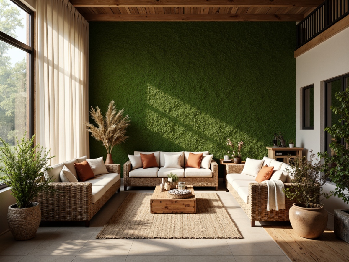 Prompt: Moss green accent walls, natural stone flooring, reclaimed wood furniture, woven wicker baskets, earthy terracotta pots, soft cream-colored curtains, warm beige upholstery, distressed metal decor, lush greenery, misty morning light, shallow depth of field, 1/2 composition, realistic textures, ambient occlusion.