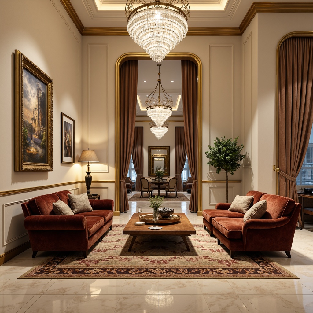 Prompt: Luxurious family room, rich velvet fabrics, ornate golden frames, intricately carved wooden furniture, soft beige walls, cream-colored marble floors, elegant crystal chandeliers, plush sectional sofas, patterned silk rugs, lavish drapery, stately columns, refined neoclassical architecture, warm ambient lighting, 1/2 composition, shallow depth of field, realistic textures, subtle color palette, sophisticated ambiance.