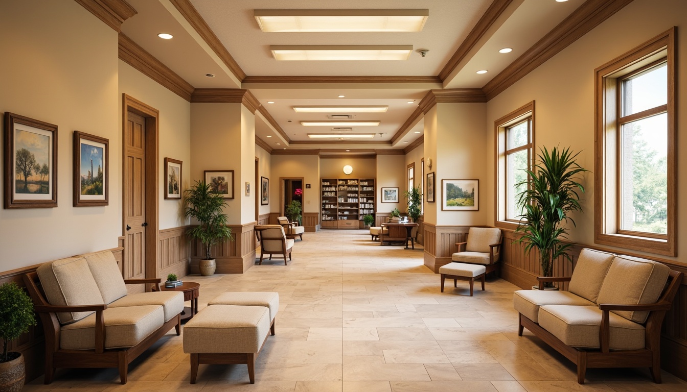 Prompt: Traditional healthcare center, warm beige walls, soft cream accents, natural stone flooring, wooden paneling, ornate moldings, comfortable waiting areas, calming color schemes, subtle texture variations, warm lighting fixtures, cozy reading nooks, elegant furniture pieces, decorative artwork displays, serene atmosphere, shallow depth of field, 1/1 composition, realistic renderings, ambient occlusion.