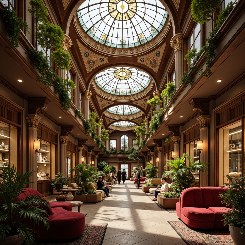 Prompt: Luxurious market interior, ornate Art Nouveau details, flowing organic lines, sinuous curves, stained glass ceilings, intricate mosaics, lavish furnishings, velvet drapes, golden accents, polished wood panels, floral patterns, naturalistic motifs, soft warm lighting, 1/1 composition, realistic textures, ambient occlusion.