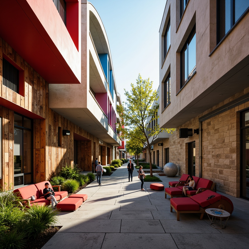 Prompt: Expressive university campus, irregular building forms, vibrant color accents, abstract sculptures, eclectic furniture, exposed ductwork, industrial materials, reclaimed wood textures, natural stone walls, dramatic lighting, bold shadows, dynamic camera angles, 1/1 composition, cinematic atmosphere, ambient occlusion, warm golden hour light, playful student interactions.