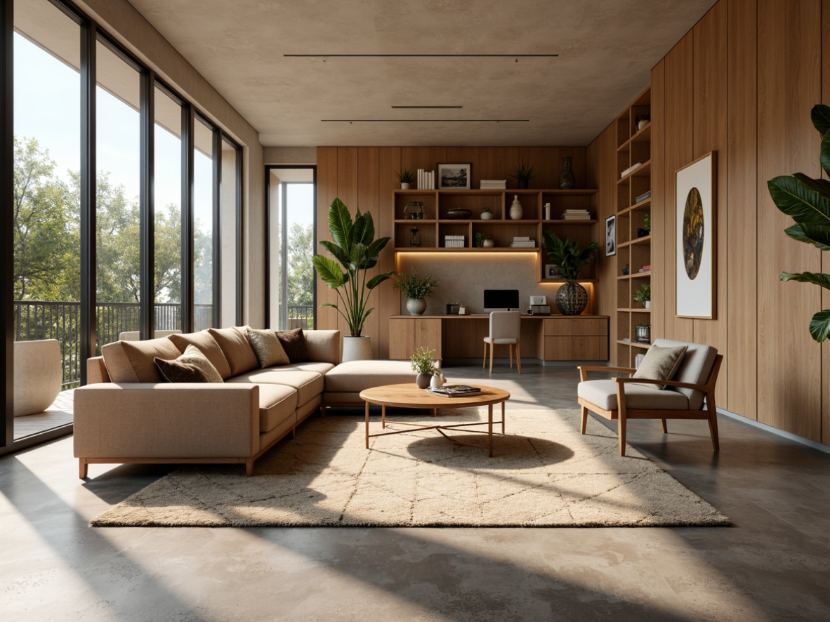 Prompt: Cozy living room, modern minimalist decor, sleek wooden furniture, plush sectional sofa, geometric-patterned rug, floor-to-ceiling windows, natural daylight, task-oriented lighting, ergonomic workspace, adjustable desk chair, built-in shelving units, functional cabinetry, warm beige walls, polished concrete floors, greenery accents, soft ambient illumination, shallow depth of field, 1/1 composition, realistic textures, subtle shadows.