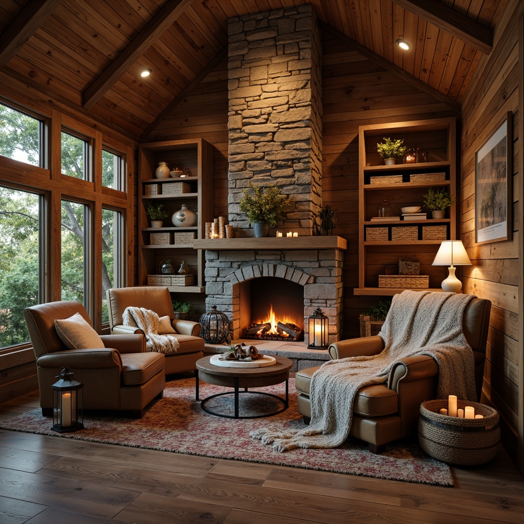 Prompt: Cozy cabin, reclaimed wooden walls, natural stone fireplace, vintage furniture, distressed leather armchairs, woven baskets, earthy color palette, warm candlelight, soft blankets, chunky knit throws, rustic metal lanterns, pinecone decorations, fragrant essential oils, crackling fire sounds, autumnal forest surroundings, misty morning atmosphere, warm golden lighting, shallow depth of field, 1/2 composition, realistic textures, ambient occlusion.