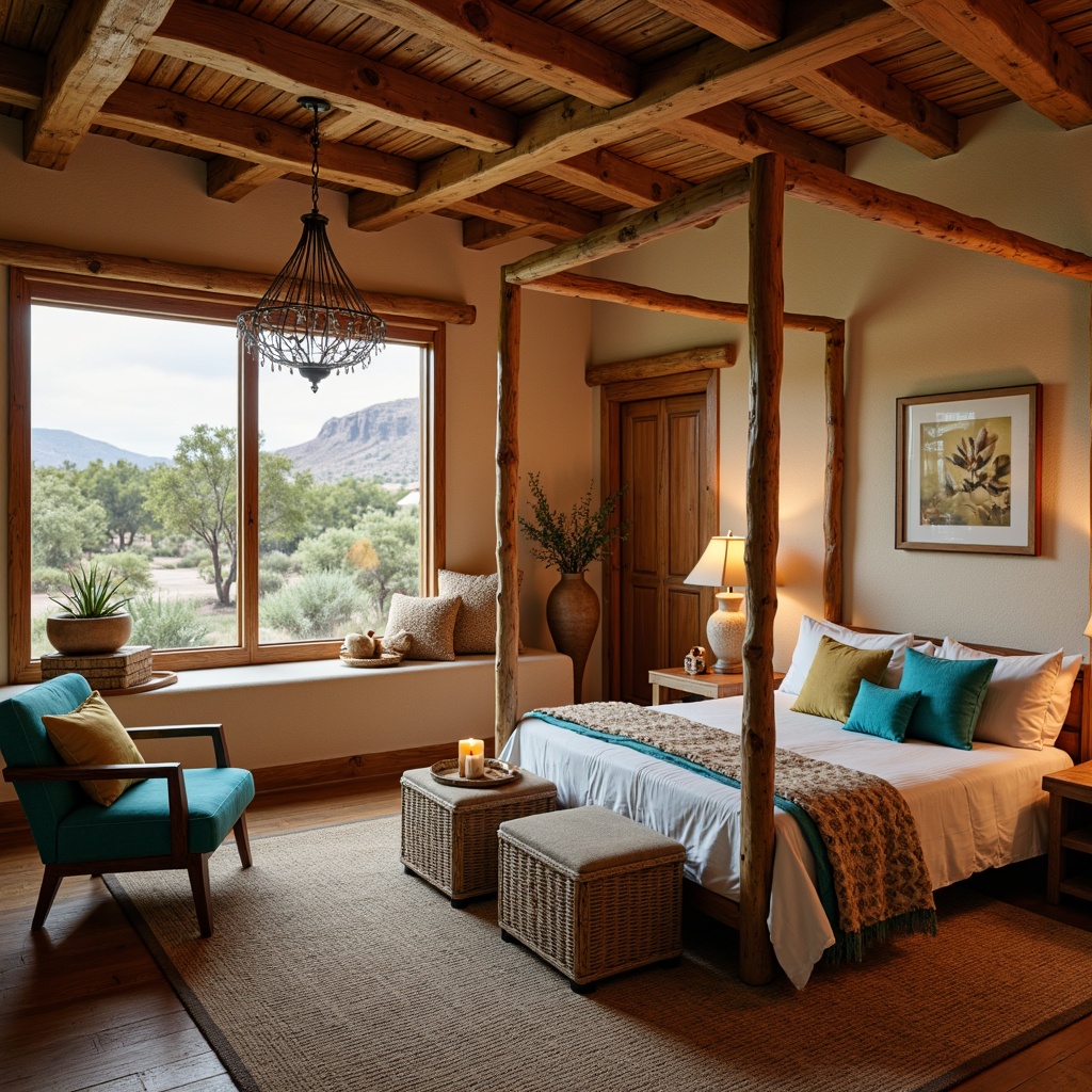 Prompt: Earthy Southwestern bedroom, warm adobe walls, rustic wooden furniture, vibrant turquoise accents, woven textiles, patterned rugs, natural fiber shades, soft warm lighting, table lamps with ceramic bases, wrought iron chandeliers, candles in mercury glass holders, dimmable floor lamps, cozy reading nooks, desert landscape views, warm beige tones, ambient occlusion, realistic shadows, 1/2 composition, soft focus, warm color temperature.