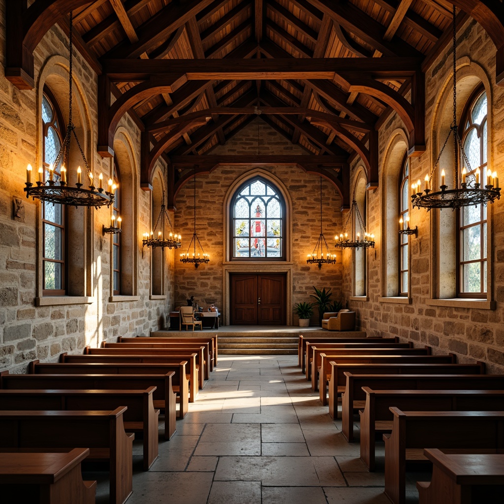 Prompt: Rustic stone church, vaulted ceiling, arched windows, wooden pews, ornate chandeliers, candlelight ambiance, rich wood tones, earthy color palette, natural stone walls, medieval-inspired architecture, grand entrance doors, stained glass windows, intricate carvings, gothic arches, sacred atmosphere, warm soft lighting, shallow depth of field, 1/2 composition, symmetrical framing.