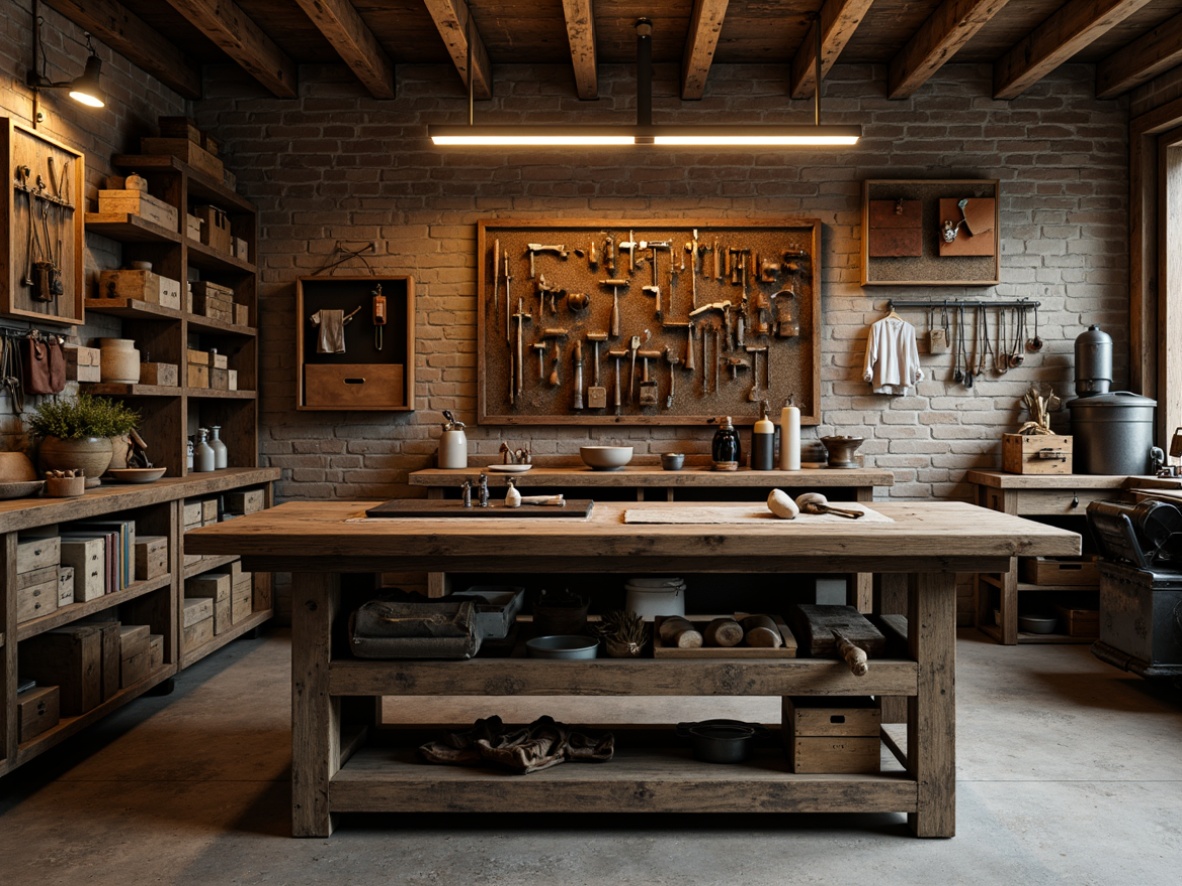 Prompt: Rustic workshop, wooden workbench, metal vice, tool organizers, storage cabinets, pegboard, hanging tools, leather apron, wooden crates, industrial lighting, concrete floor, brick walls, vintage machinery, distressed wood, earthy colors, warm atmosphere, shallow depth of field, 2/3 composition, realistic textures, ambient occlusion.