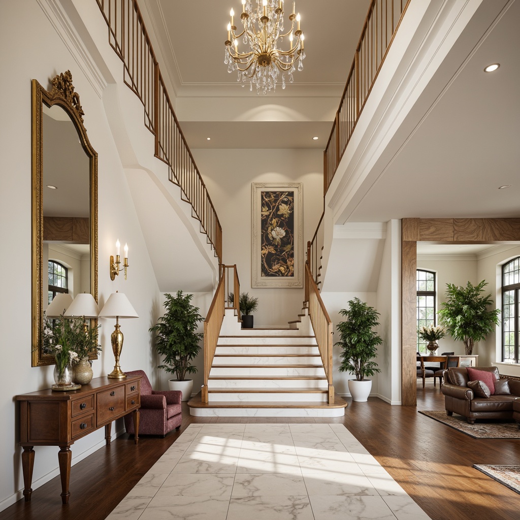 Prompt: Luxurious marble accents, creamy white veining, elegant foyer, grand staircase, sophisticated living room, lavish furniture, velvet upholstery, metallic gold hardware, ornate mirrors, crystal chandeliers, rich wood flooring, neutral color palette, soft warm lighting, shallow depth of field, 1/2 composition, realistic textures, ambient occlusion.