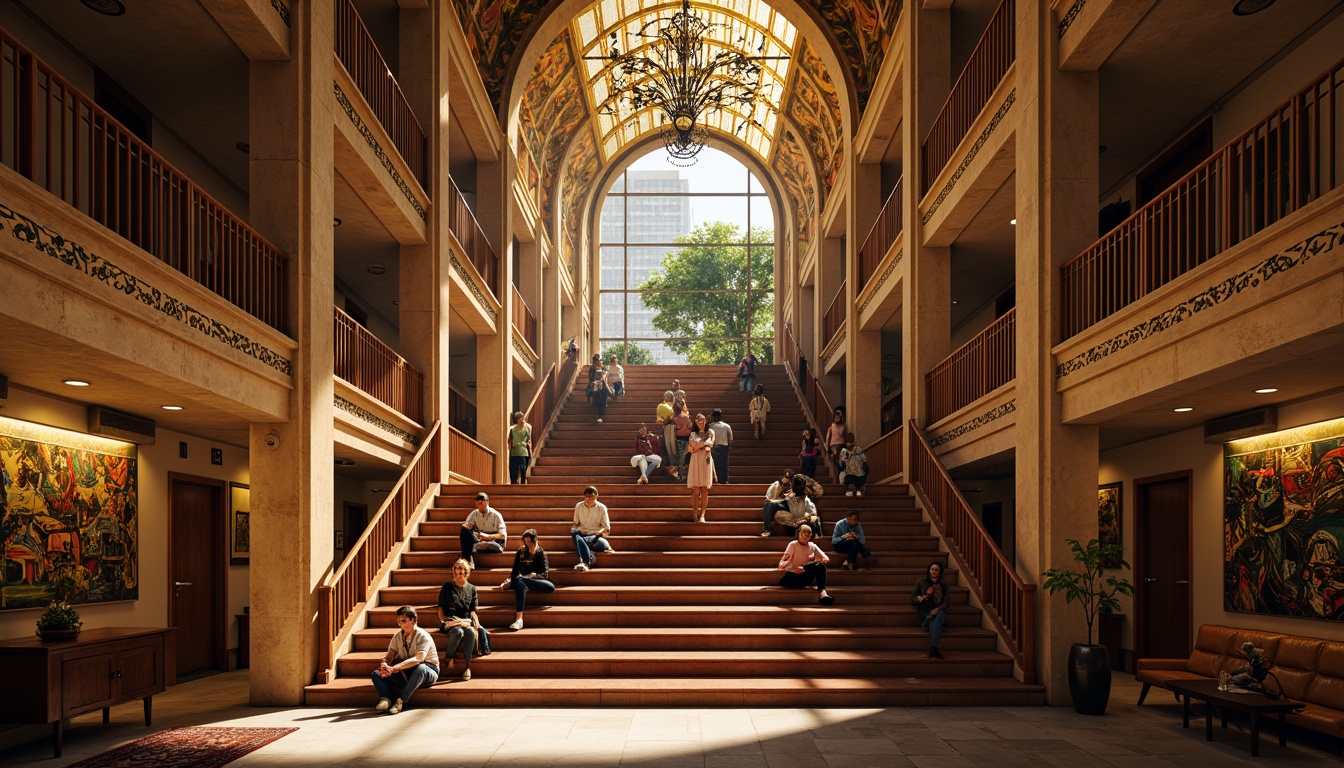 Prompt: Dramatic university interior, expressionist architecture, grand staircase, ornate chandeliers, warm golden lighting, rich wood paneling, vibrant colorful murals, eclectic furniture, abstract sculptures, artistic installations, dynamic shadows, high contrast ratios, 1/2 composition, dramatic spotlighting, softbox diffusion, cinematic atmosphere, ambient occlusion.