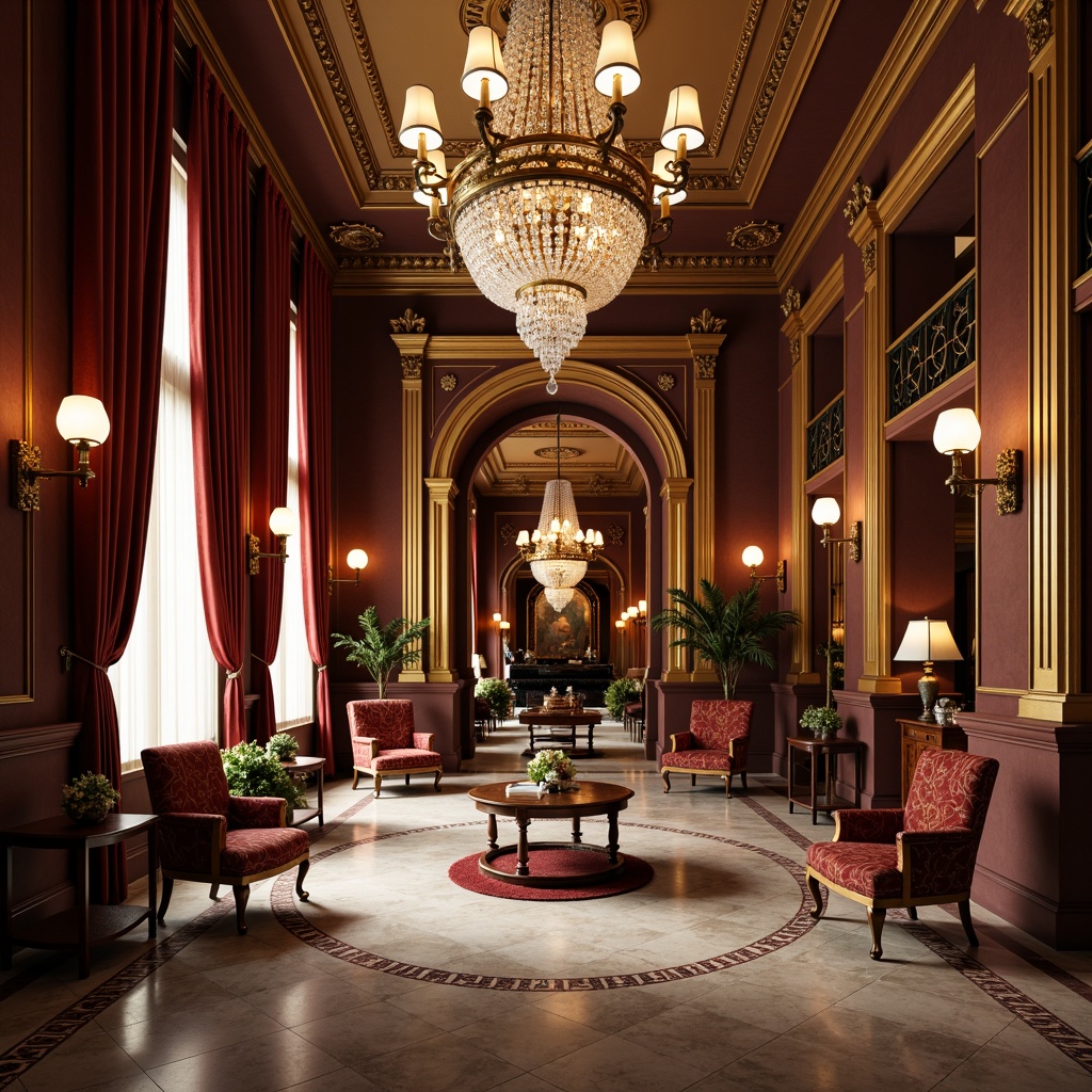 Prompt: Luxurious velvet curtains, golden ornate frames, crystal chandeliers, richly upholstered armchairs, intricately carved wooden furniture, gilded mirrors, lavish drapery, majestic columns, ornamental moldings, regal throne-like seats, grand pianos, exquisite marble floors, stately archways, soft warm lighting, dramatic spotlights, 1/1 composition, symmetrical arrangement, realistic textures, ambient occlusion.