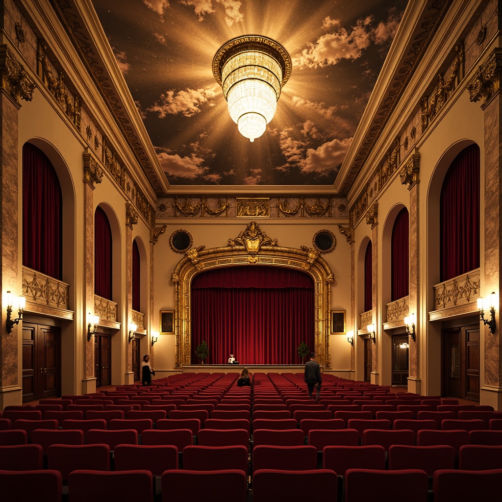 Prompt: \Elegant theater interior, neoclassical arches, ornate moldings, grand chandeliers, rich velvet drapes, gold leaf accents, marble columns, intricate fresco ceilings, soft warm lighting, shallow depth of field, 1/2 composition, symmetrical framing, realistic textures, ambient occlusion, luxurious fabrics, tufted upholstery, carved wooden paneling, subtle gradient colors, opulent decorative patterns.\