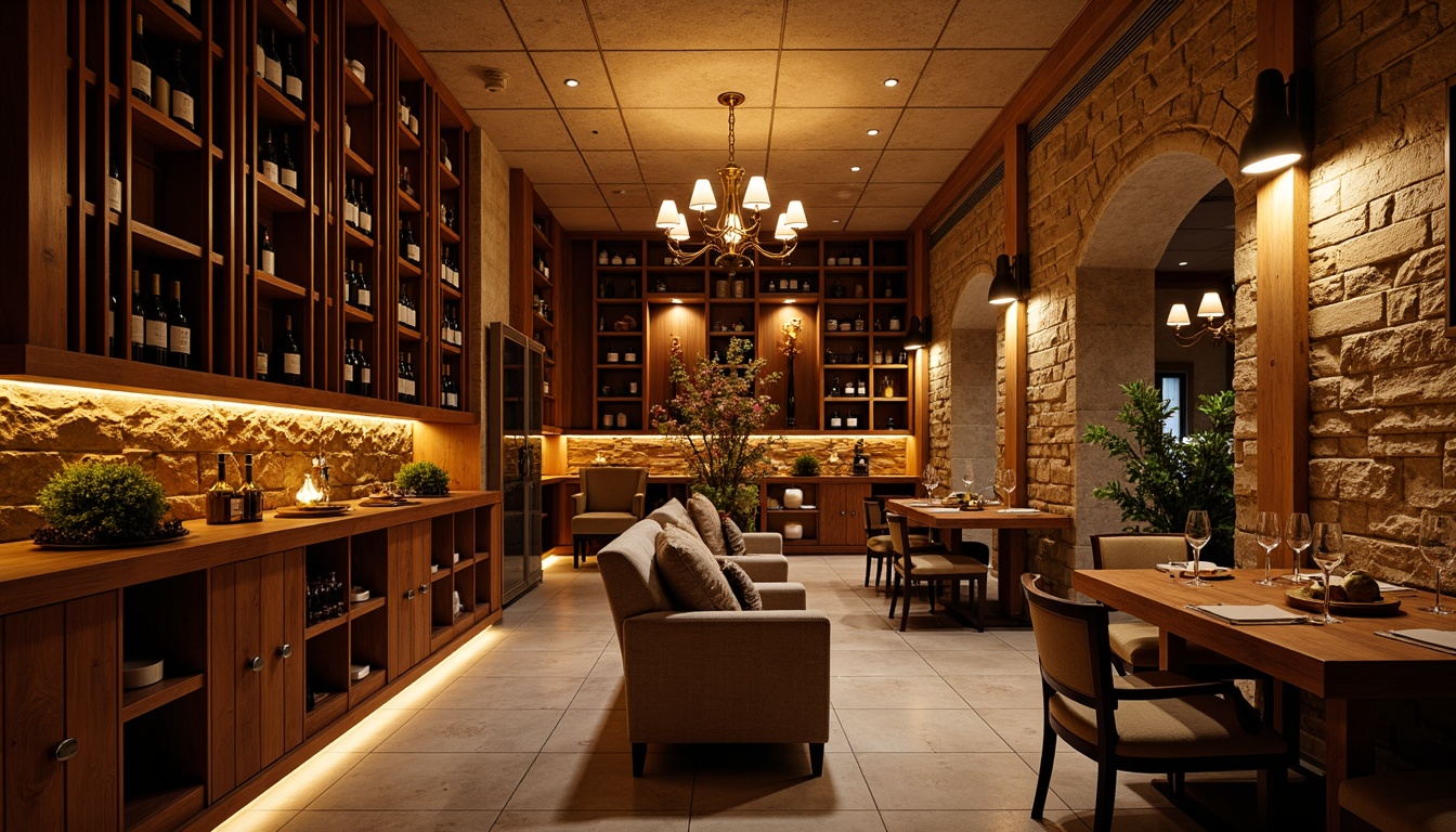 Prompt: Warm wine cellar ambiance, rich wood accents, dimmable LED lighting, soft warm glow, intimate seating areas, rustic stone walls, dark wood barrels, vintage wine crates, elegant chandeliers, subtle floor illumination, ambient cove lighting, cozy nooks, plush furnishings, earthy color palette, dramatic ceiling height, ornate metalwork, classic wine glasses, sophisticated decor, warm beige tones, soft focus photography, 1/2 composition, realistic textures.