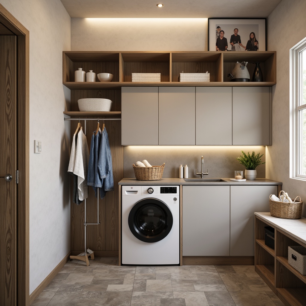 Prompt: \Compact laundry room, modern appliances, sleek countertops, stainless steel sink, wall-mounted cabinetry, folding station, ironing board, built-in shelving, natural stone flooring, soft warm lighting, 1/1 composition, realistic textures, ambient occlusion.\