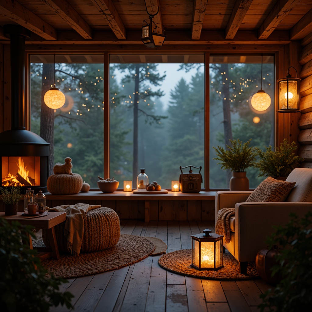 Prompt: Warm ambient lighting, soft glowing orbs, whimsical lanterns, misty foggy atmosphere, mystical forest surroundings, twinkling fireflies, vintage metal lanterns, rustic wooden accents, earthy natural tones, cozy cabin interior, crackling fireplace, warm golden light, shallow depth of field, cinematic composition, realistic textures, subtle ambient occlusion.