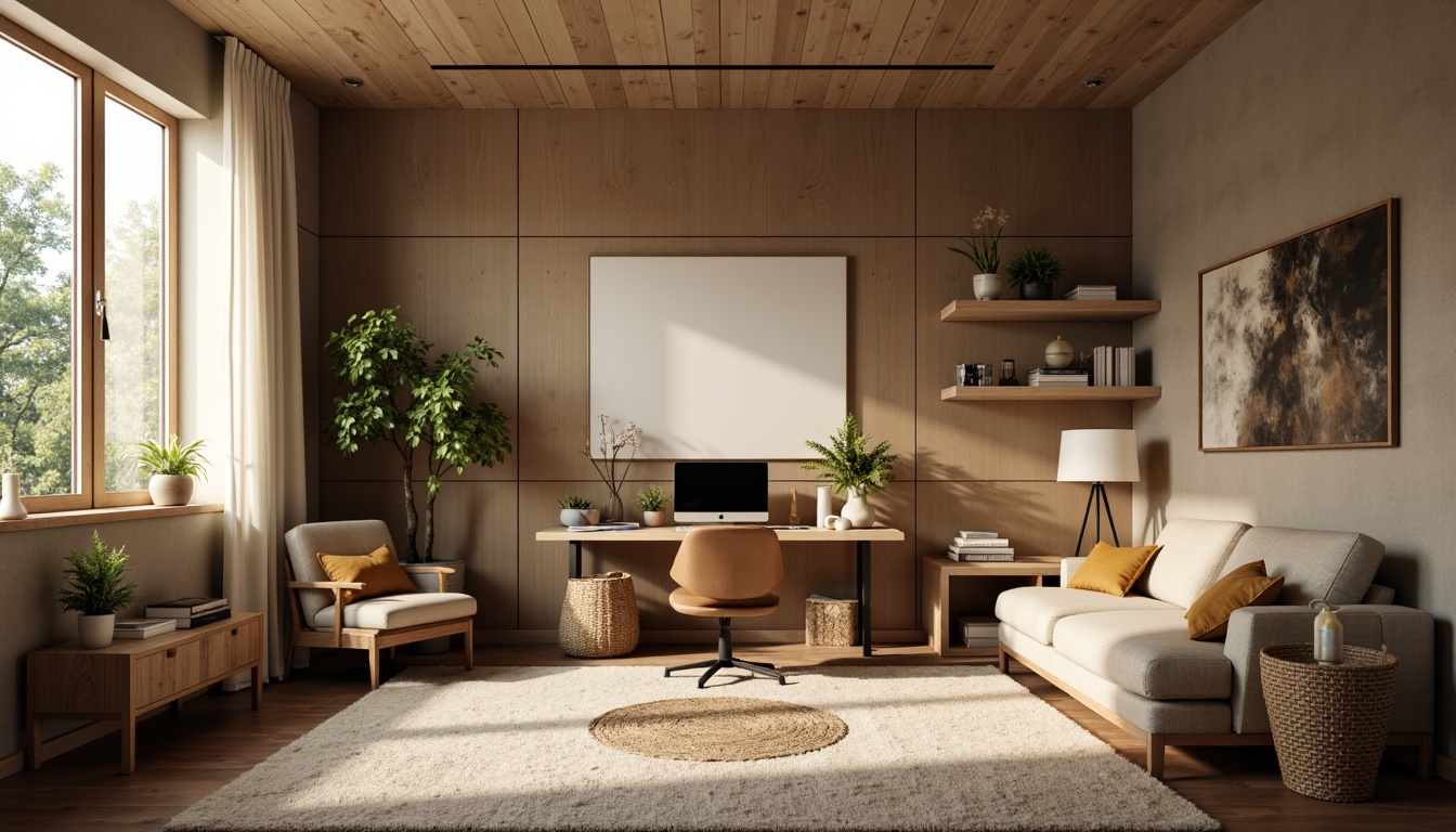 Prompt: Cozy home office, soundproofed walls, acoustic panels, comfortable seating, wooden desk, ergonomic chair, minimal decor, calming colors, soft warm lighting, subtle texture, natural fibers, woven baskets, plush rugs, tranquil atmosphere, focused workspace, reduced echo, clear audio, optimal reverberation time, 1/1 composition, shallow depth of field, realistic textures.