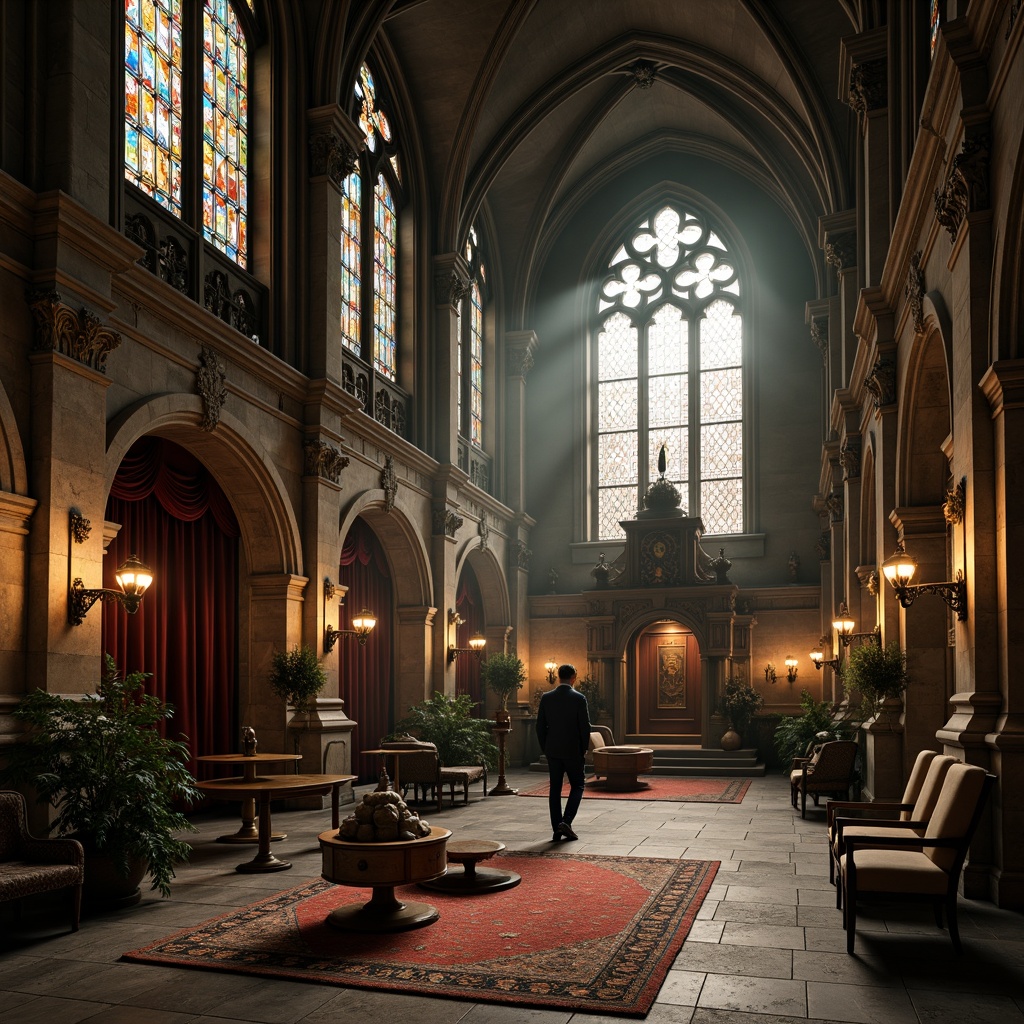 Prompt: Intricate stone carvings, grandiose cathedral ceilings, mystical stained glass windows, ornate wooden furniture, eerie lanterns, mysterious crypt doors, ancient tapestries, weathered stone walls, foggy misty atmosphere, dramatic spot lighting, high contrast shadows, 1/1 composition, symmetrical framing, warm golden tones, rich velvet textures, regal crimson accents.