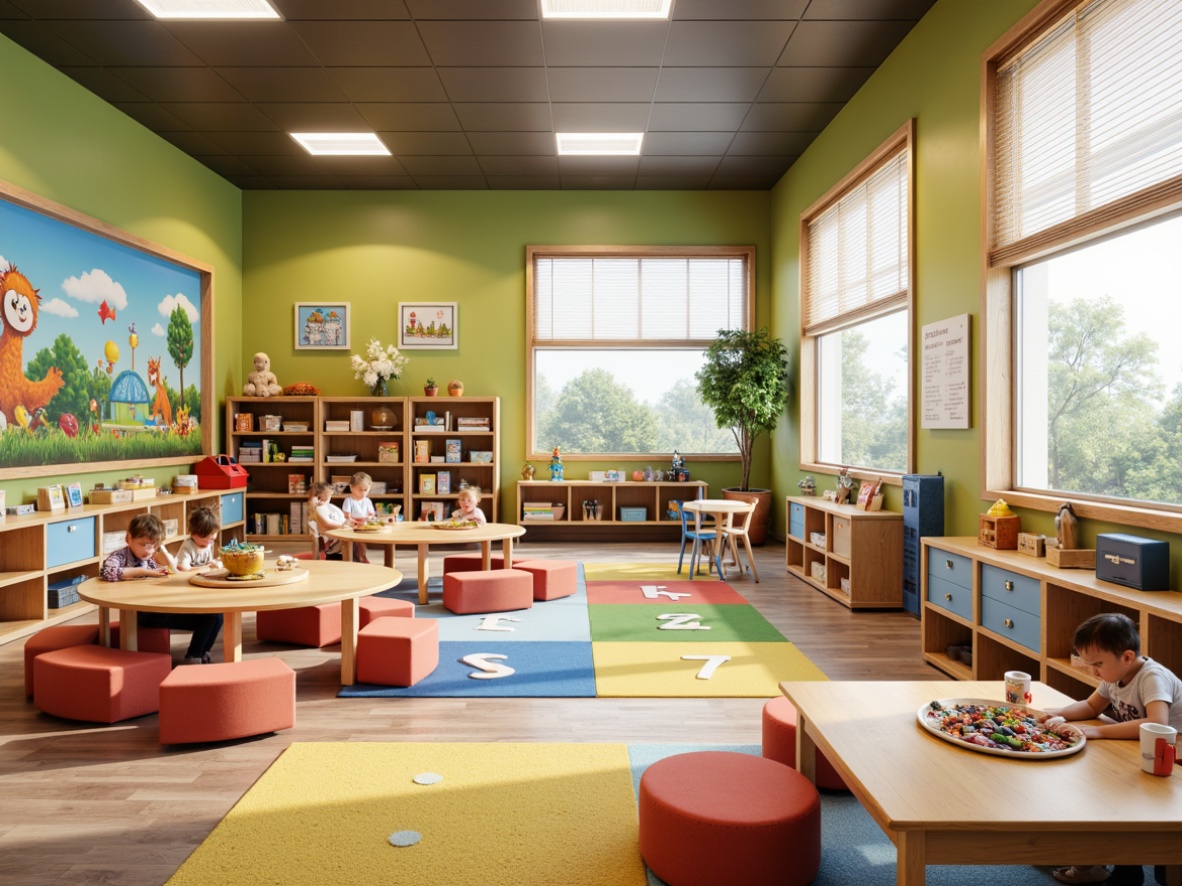 Prompt: Colorful kindergarten classroom, wooden tables, ergonomic chairs, soft cushions, playful shapes, rounded edges, safe materials, vibrant color schemes, natural light, large windows, flexible layouts, moveable partitions, interactive displays, educational toys, alphabet rugs, number lines, sensory play areas, cozy reading nooks, whimsical murals, textured walls, acoustic panels, warm lighting, shallow depth of field, 1/2 composition, realistic textures, ambient occlusion.