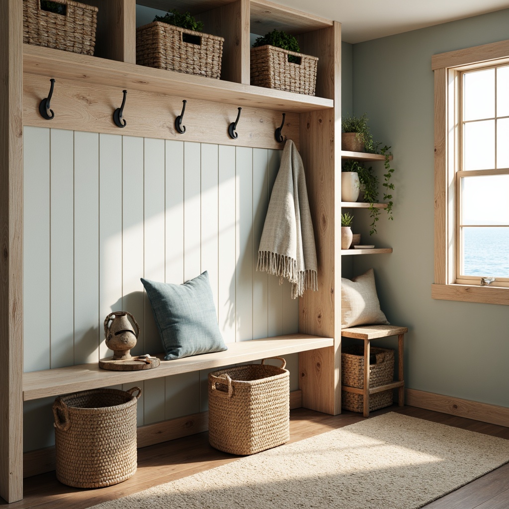 Prompt: Driftwood-accented mudroom, natural woven fibers, soft ocean breeze, calming blue hues, reclaimed wood benches, wicker storage baskets, nautical rope details, rustic metal hooks, coastal-inspired textiles, sandy beige tones, organic shapes, modern minimalist design, ample natural light, shallow depth of field, 1/1 composition, warm golden lighting, realistic wood textures, ambient occlusion.