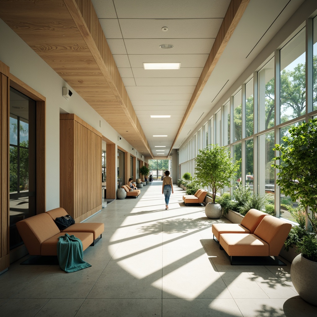 Prompt: Well-lit hospital corridors, large windows, natural light pouring in, minimal artificial lighting, greenery views, calming ambiance, non-institutional aesthetic, curved lines, organic shapes, earthy tones, wooden accents, comfortable waiting areas, soft furnishings, subtle color schemes, noise reduction materials, acoustic ceilings, diffused daylight, gentle shading, 1/1 composition, shallow depth of field, realistic textures, ambient occlusion.