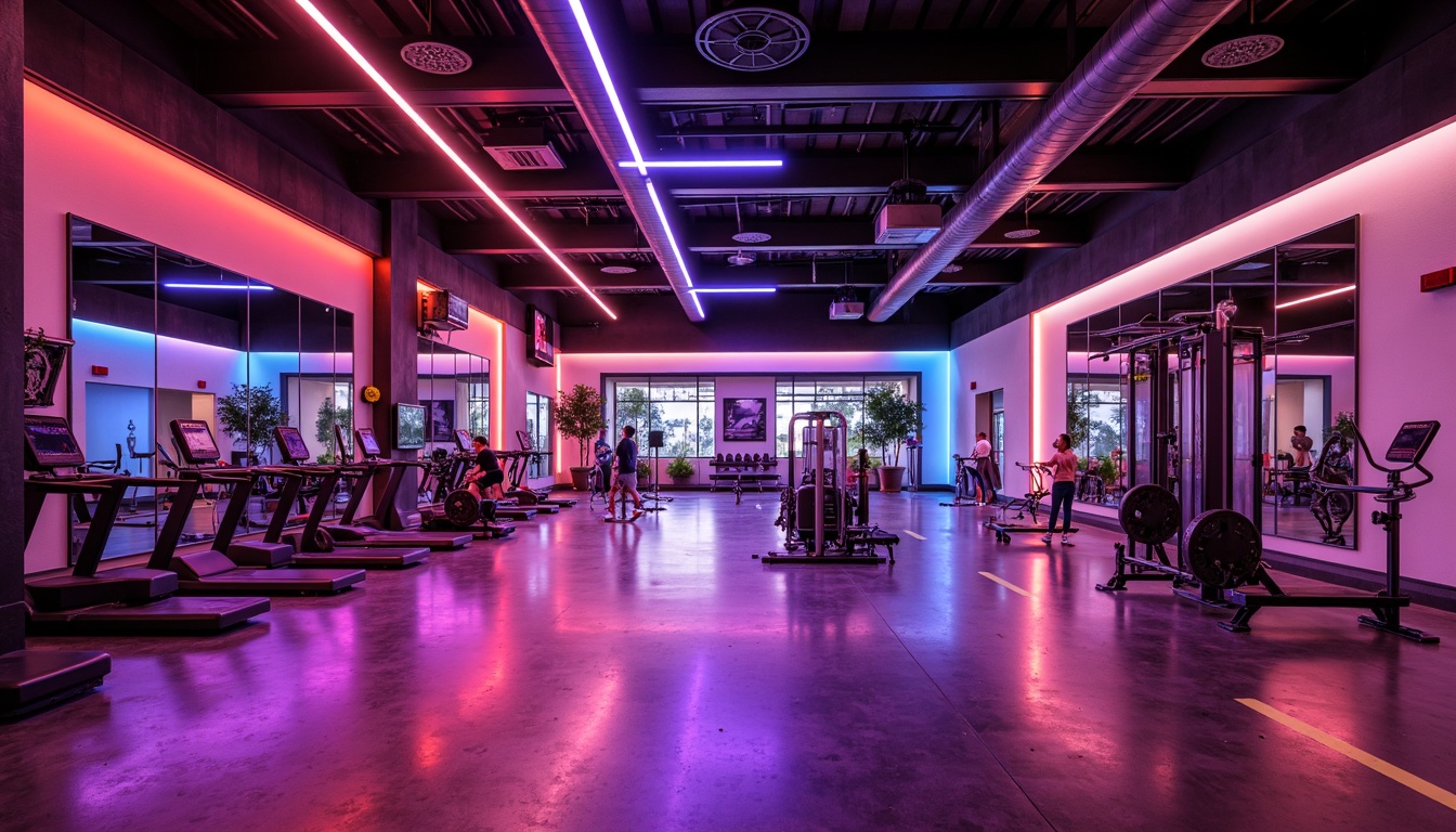 Prompt: Vibrant fitness club, neon-colored accents, dynamic LED lighting, strobe effects, pulsing rhythm, high-ceilinged spaces, industrial-chic decor, polished concrete floors, metallic equipment, mirrors, minimalist color scheme, cool tone ambiance, energizing atmosphere, spotlighting workout areas, soft warm glow, 3/4 composition, low-angle shots, dramatic shadows, realistic reflections.