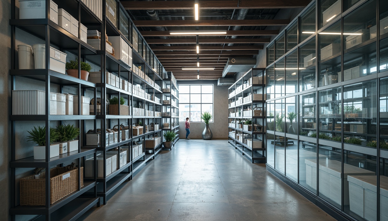 Prompt: Contemporary storage room, transparent glass shelves, reflective surfaces, sleek metal frames, industrial-style lighting, minimalist decor, organized storage systems, modular furniture, polished concrete floors, urban loft atmosphere, soft diffused light, shallow depth of field, 1/1 composition, realistic textures, ambient occlusion.