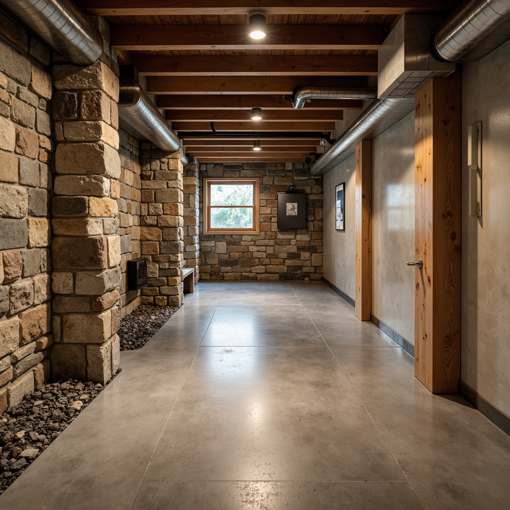 Prompt: Moisture-resistant basement, industrial-style concrete floors, modern epoxy coatings, metallic accents, exposed ductwork, rustic wooden beams, natural stone walls, earthy color palette, warm ambient lighting, shallow depth of field, 1/2 composition, realistic textures, subtle shadows.