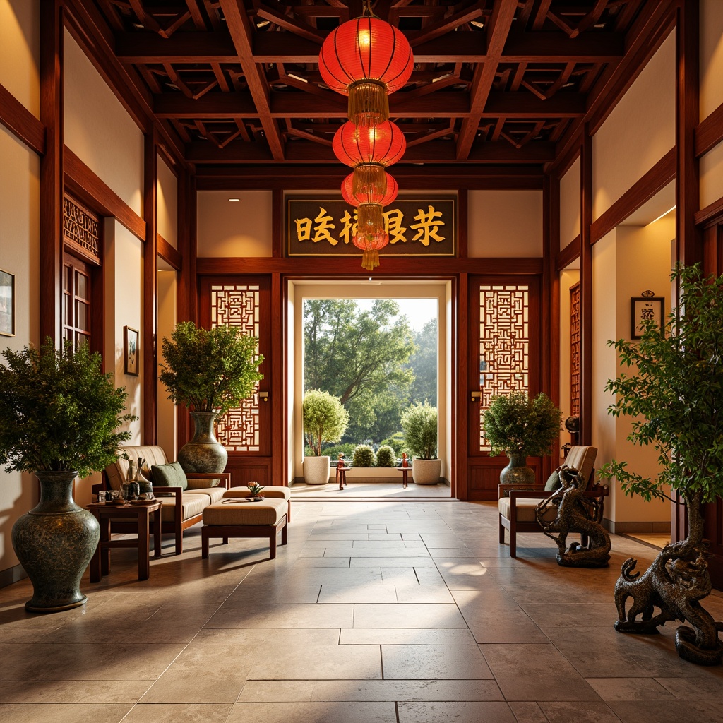 Prompt: Traditional Chinese hall, warm beige walls, intricately carved wooden doors, vibrant red lanterns, golden accents, ornate ceramic vases, lush green plants, natural stone floors, majestic dragon sculptures, auspicious couplets, soft warm lighting, shallow depth of field, 3/4 composition, panoramic view, realistic textures, ambient occlusion.