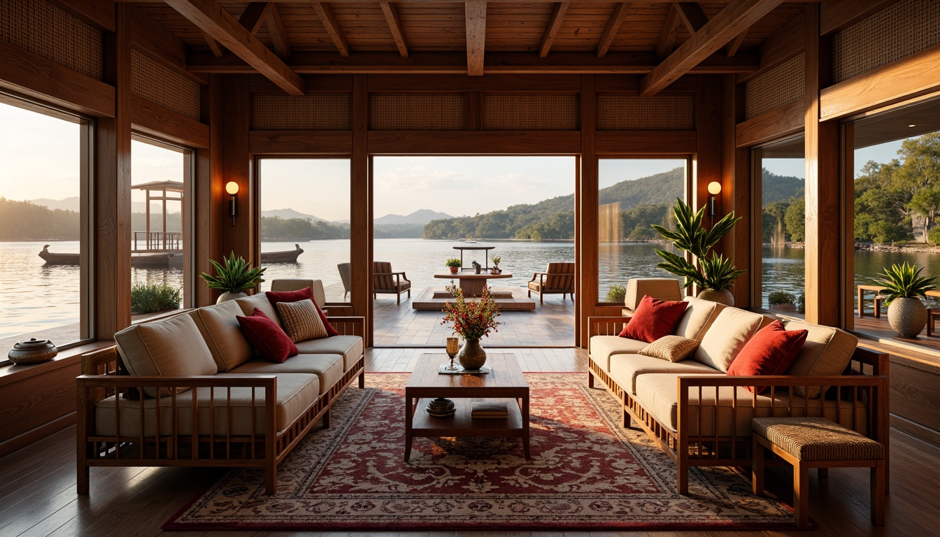 Prompt: Traditional Asian-inspired boathouse interior, natural wood accents, woven bamboo furniture, vibrant silk fabrics, intricate embroidery patterns, luxurious velvet upholstery, richly textured rugs, subtle lantern lighting, soft warm glow, serene waterfront views, tranquil atmosphere, elegant minimalism, refined simplicity, harmonious blend of traditional and modern elements, statement pieces with Asian motifs, delicate ceramics, exotic plants, natural stone flooring, polished wooden ceilings, floor-to-ceiling windows, sliding glass doors, stunning lake or river views, dramatic sunsets, warm golden lighting, 3/4 composition, realistic textures.