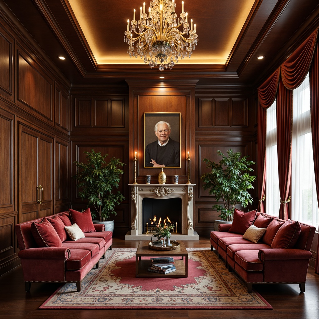 Prompt: Elegant living room, ornate furnishings, rich velvet fabrics, antique wooden accents, carved mahogany furniture, golden metal hardware, crystal chandeliers, soft warm lighting, luxurious textiles, subtle color palette, symmetrical composition, 1/1 aspect ratio, shallow depth of field, realistic reflections, intricate patterns, ornamental details.