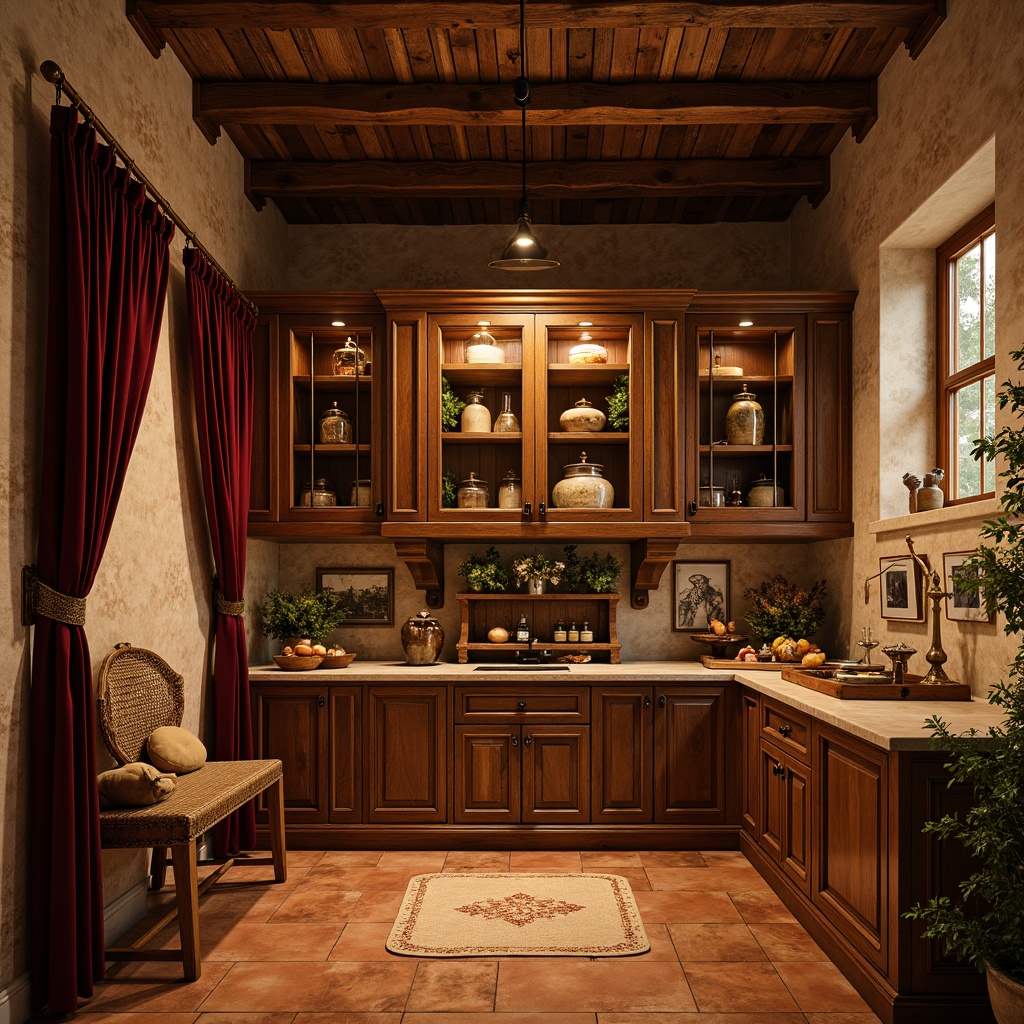 Prompt: Renaissance-style pantry, warm golden lighting, ornate wooden cabinetry, distressed finishes, rich velvet drapes, elegant crown molding, decorative corbels, rustic stone walls, earthy terracotta flooring, vintage apothecary jars, antique bronze hardware, soft focus blur, shallow depth of field, 1/2 composition, natural textures, warm color palette.