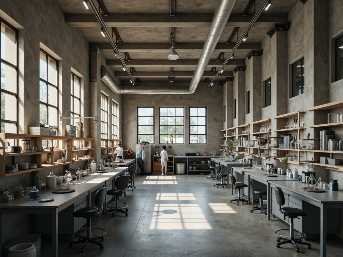 Prompt: Industrial laboratory setting, fiber-cement walls, classicist architectural style, ornate columns, neutral color palette, concrete flooring, metal shelving units, scientific equipment, glass beakers, laboratory workbenches, softbox lighting, shallow depth of field, 1/1 composition, realistic textures, ambient occlusion.