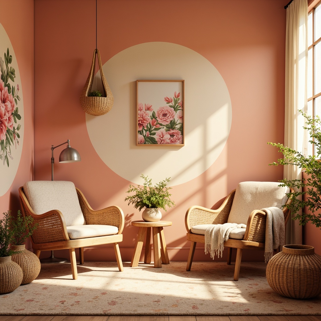 Prompt: Warm peach tone walls, soft cream accents, rustic wooden furniture, cozy velvet upholstery, natural woven baskets, earthy terracotta pots, delicate floral patterns, warm golden lighting, shallow depth of field, 1/1 composition, intimate atmosphere, inviting textures, subtle gradient effects, whimsical illustration style, romantic ambiance, spring morning, gentle breeze.