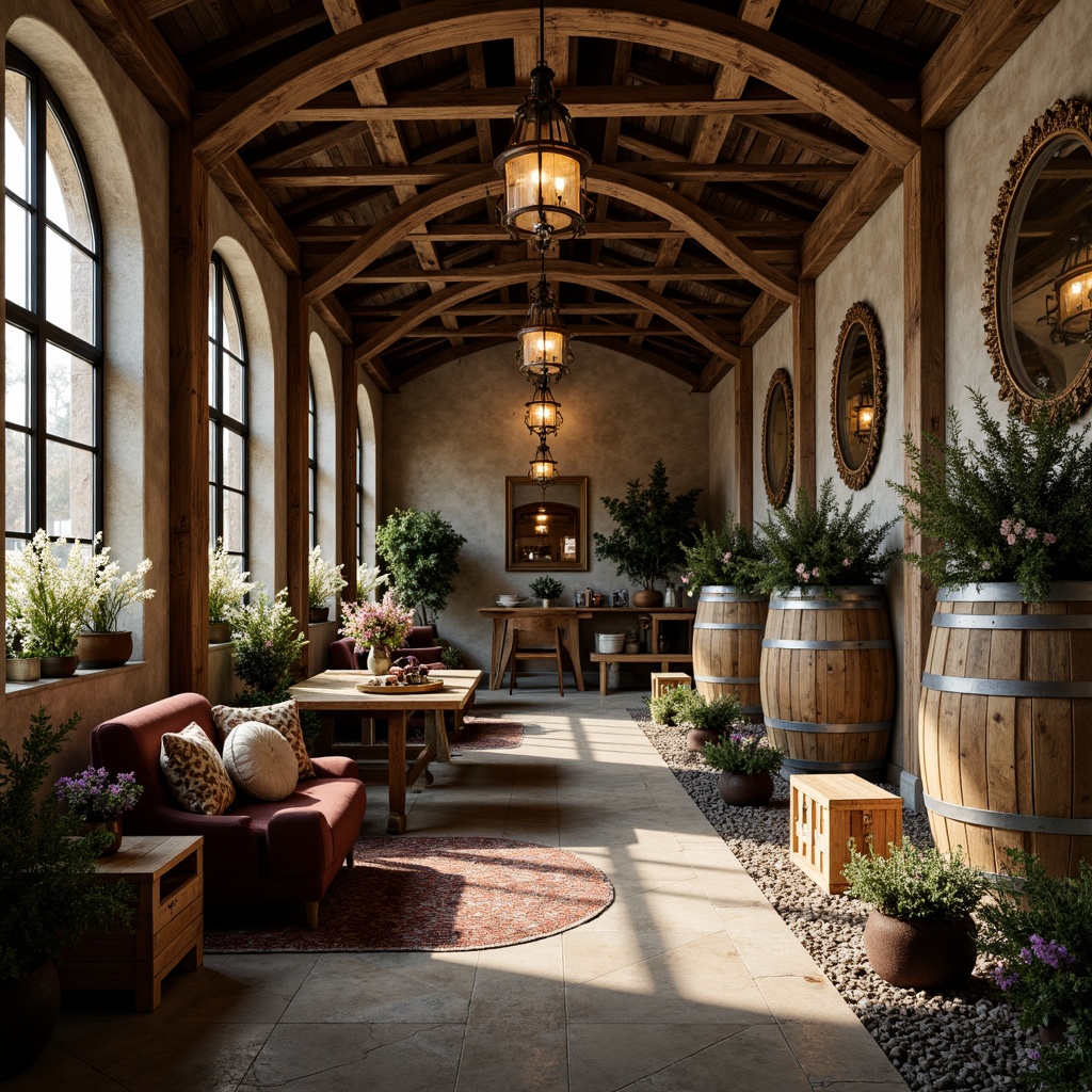 Prompt: Rustic winery, distressed wooden accents, vintage wine barrels, ornate metalwork, soft warm lighting, lantern-style chandeliers, natural stone walls, reclaimed wood beams, earthy color palette, lush greenery, wildflower arrangements, distressed finishes, ornate mirrors, antique furniture pieces, plush velvet fabrics, rich leather textures, warm candlelight, cozy nooks, intimate settings, rustic wooden crates, wine-themed decor, classic European-inspired architecture.