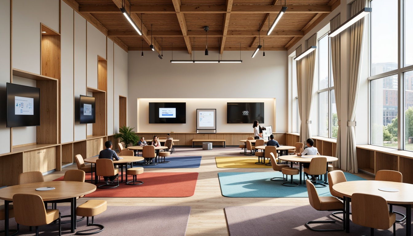 Prompt: Modular learning space, adaptive furniture, movable desks, ergonomic chairs, colorful rugs, interactive whiteboards, digital display screens, collaborative workstations, acoustic sound panels, natural wood accents, minimalist decor, plenty of natural light, soft warm ambiance, shallow depth of field, 1/1 composition, realistic textures, ambient occlusion.