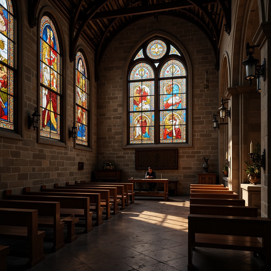 Prompt: Rustic church interior, stained glass windows, vivid colored panes, ornate metal frames, warm soft lighting, rich textures, intricate patterns, gothic arches, stone walls, wooden pews, dimly lit atmosphere, mysterious ambiance, subtle color palette, 1/1 composition, shallow depth of field, realistic render.