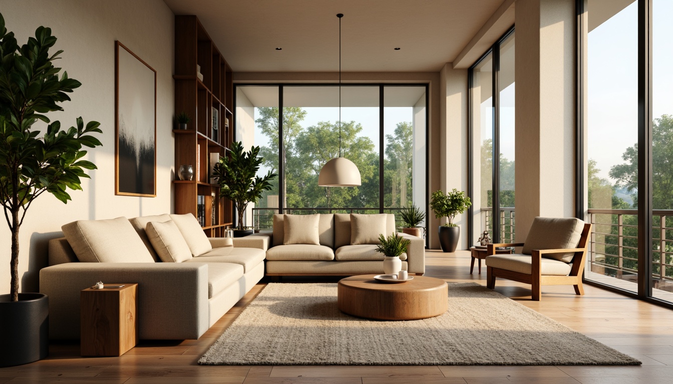 Prompt: Cozy living room, comfortable sofas, sleek coffee tables, elegant floor lamps, vibrant greenery, natural wood flooring, warm beige walls, large windows, soft diffused lighting, 1/2 composition, shallow depth of field, relaxed atmosphere, functional layout, optimal traffic flow, ergonomic chair placement, convenient storage solutions, minimalist decor, subtle textures, ambient occlusion.