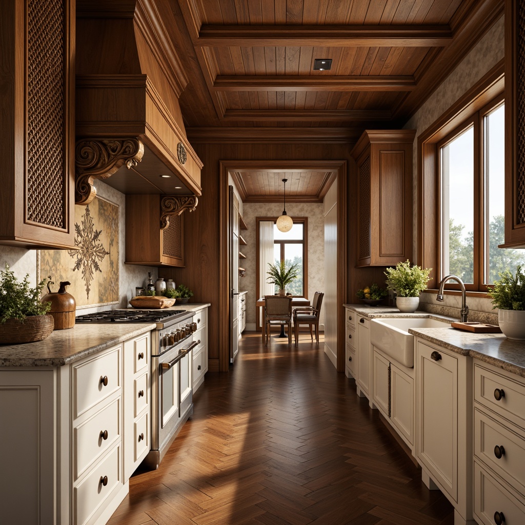 Prompt: Luxurious kitchen, rich wood tones, ornate carvings, soft-close drawers, polished chrome hardware, marble countertops, ambient warm lighting, creamy white cabinets, sophisticated crown molding, decorative corbels, premium quality materials, classic traditional style, cozy intimate atmosphere, shallow depth of field, 1/1 composition, realistic textures, subtle shadows.