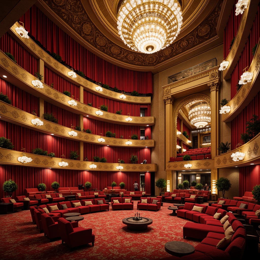 Prompt: Grand opera house interior, luxurious velvet curtains, ornate golden balconies, majestic crystal chandeliers, plush red carpeting, intricate wooden paneling, elegant curved staircases, spacious high ceilings, dramatic spotlighting, soft warm ambiance, 1/2 composition, shallow depth of field, realistic reflections, ambient occlusion, bespoke furniture pieces, sleek metal accents, rich wood tones, bold colorful upholstery, flowing drapery, avant-garde sculptures, futuristic LED lighting.