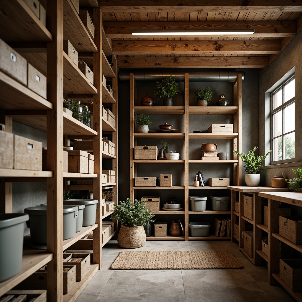 Prompt: Cozy storage room, rustic wooden shelves, metal racks, woven baskets, soft warm lighting, earthy color palette, natural textures, functional design, ample storage space, multi-tiered shelving units, stackable plastic containers, labeled storage bins, adjustable shelving systems, industrial-chic decor, reclaimed wood accents, matte finish metals, minimalist aesthetic, functional simplicity, 1/2 composition, shallow depth of field, warm color tone.