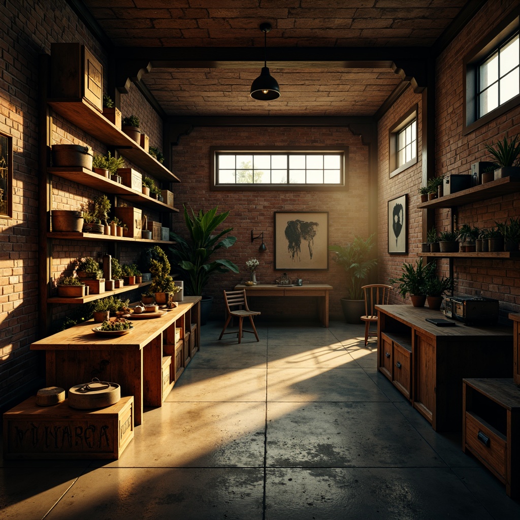 Prompt: Dimly lit storage room, distressed brick walls, rusty metal shelves, old wooden crates, vintage industrial equipment, worn-out concrete floors, dramatic shadows, moody atmosphere, warm golden lighting, shallow depth of field, 1/1 composition, realistic textures, ambient occlusion, avant-garde furniture design, unconventional spatial arrangement, eclectic decor, bold color accents, abstract art pieces, experimental architecture.