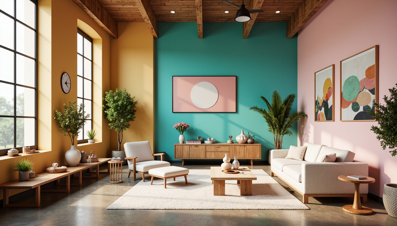 Prompt: Vibrant artistic space, eclectic color scheme, warm beige walls, rich turquoise accents, creamy white furniture, natural wood textures, bold black outlines, pastel pink undertones, metallic gold details, soft ambient lighting, atmospheric misty effects, shallow depth of field, 1/1 composition, panoramic view, realistic renderings, subtle gradient transitions.