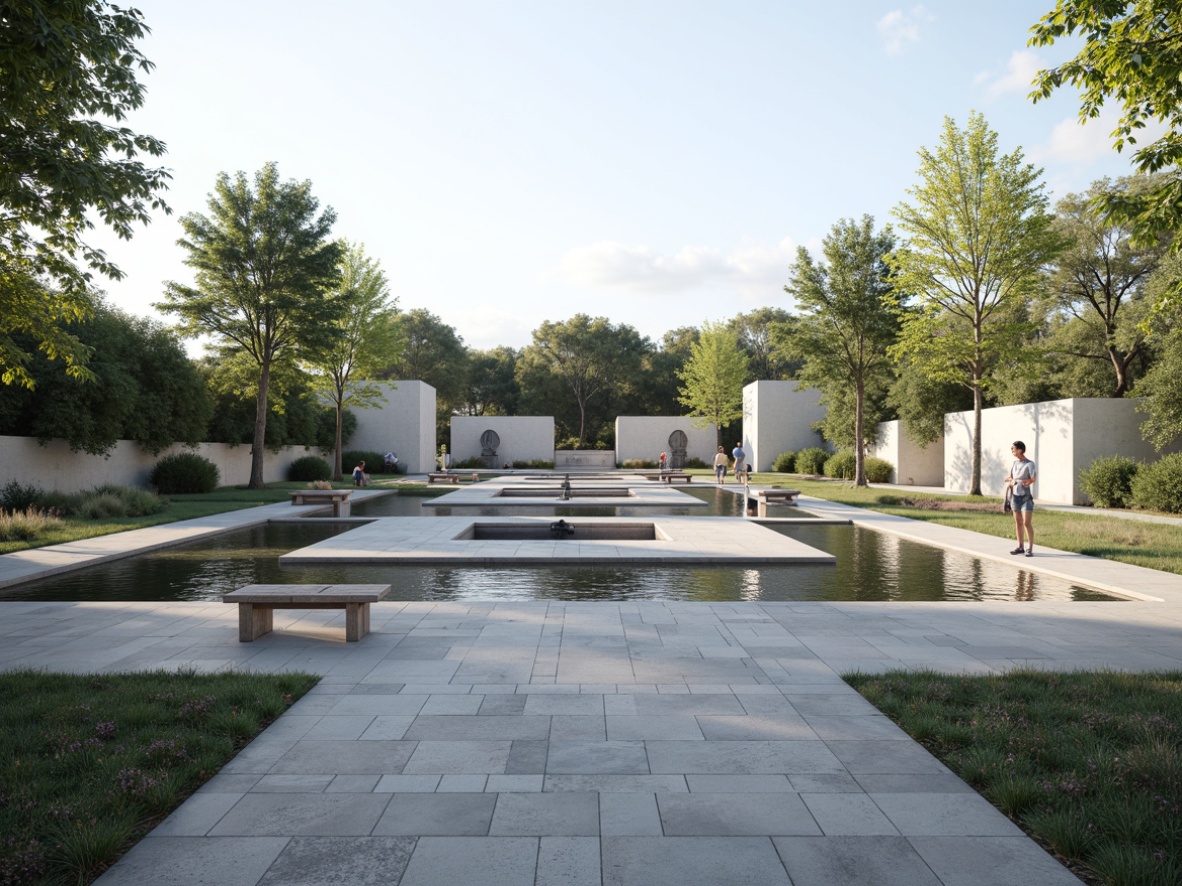 Prompt: Solemn memorial center, open plaza, tranquil water features, lush greenery, walking paths, memorial walls, commemorative statues, natural stone benches, minimalist modern architecture, clean lines, simple forms, subtle textures, soft diffused lighting, shallow depth of field, 1/1 composition, panoramic view, realistic reflections, ambient occlusion.