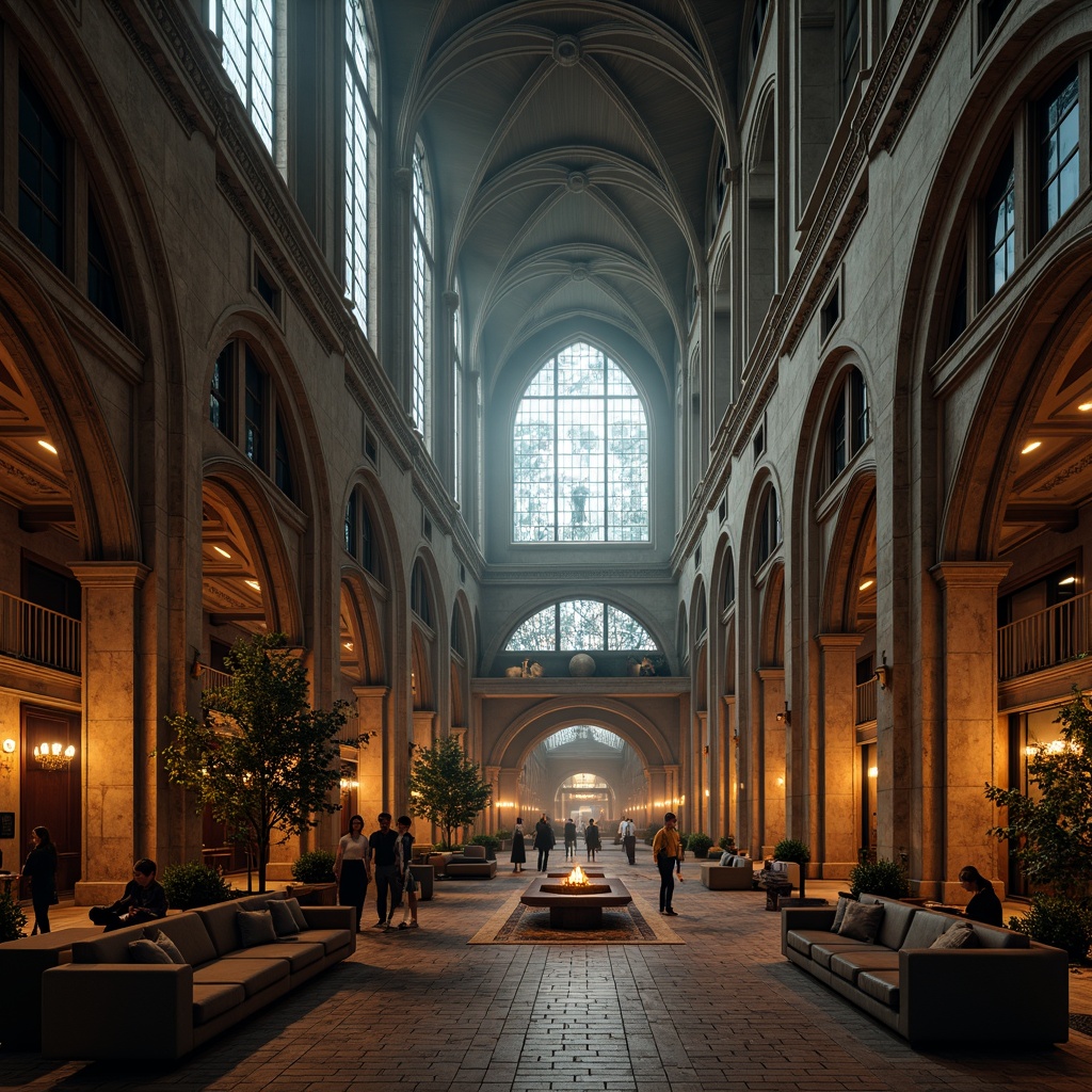 Prompt: Grand Gothic hotel facade, ribbed vaults, pointed arches, flying buttresses, ornate stone carvings, stained glass windows, dramatic lighting, luxurious lobby, high ceilings, intricate moldings, rich wood tones, opulent furnishings, mystical ambiance, foggy morning atmosphere, soft warm lighting, shallow depth of field, 2/3 composition, symmetrical framing, detailed textures, ambient occlusion.