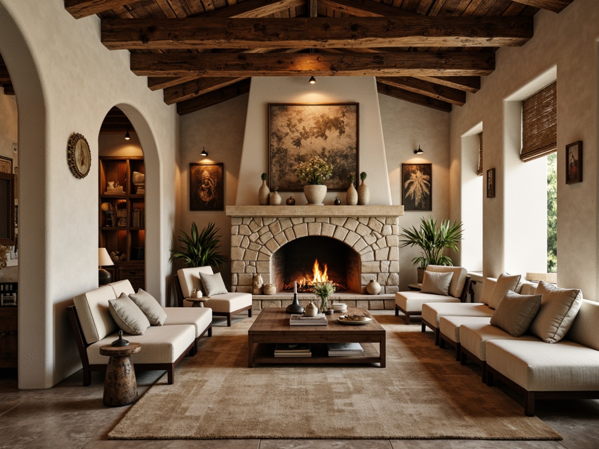 Prompt: Rustic luxury villa, natural stone walls, reclaimed wood accents, earthy tone color palette, distressed wooden beams, vintage metal decor, soft warm lighting, cozy ambiance, plush area rugs, comfortable seating areas, crackling fireplace, rich wood furnishings, ornate metalwork, natural fiber textiles, woven baskets, antique decorative items, warm beige tones, soft creamy whites, weathered wood finishes, tactile rough-hewn stone, organic shapes, earthy scent, inviting atmosphere.