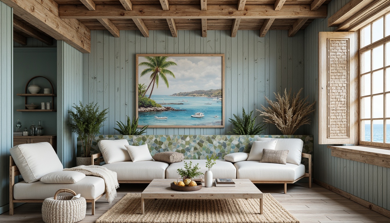 Prompt: Weathered wood planks, distressed driftwood accents, soft calming blue hues, natural woven fibers, organic textures, ocean-inspired murals, shell-adorned decorations, coral-patterned ceramics, sea-glass tiles, rustic metal frames, reclaimed wooden shutters, beachy vibes, warm sunny lighting, shallow depth of field, 1/1 composition, intimate interior spaces, cozy nooks, plush throw blankets, natural fiber rugs, seaside ambiance.