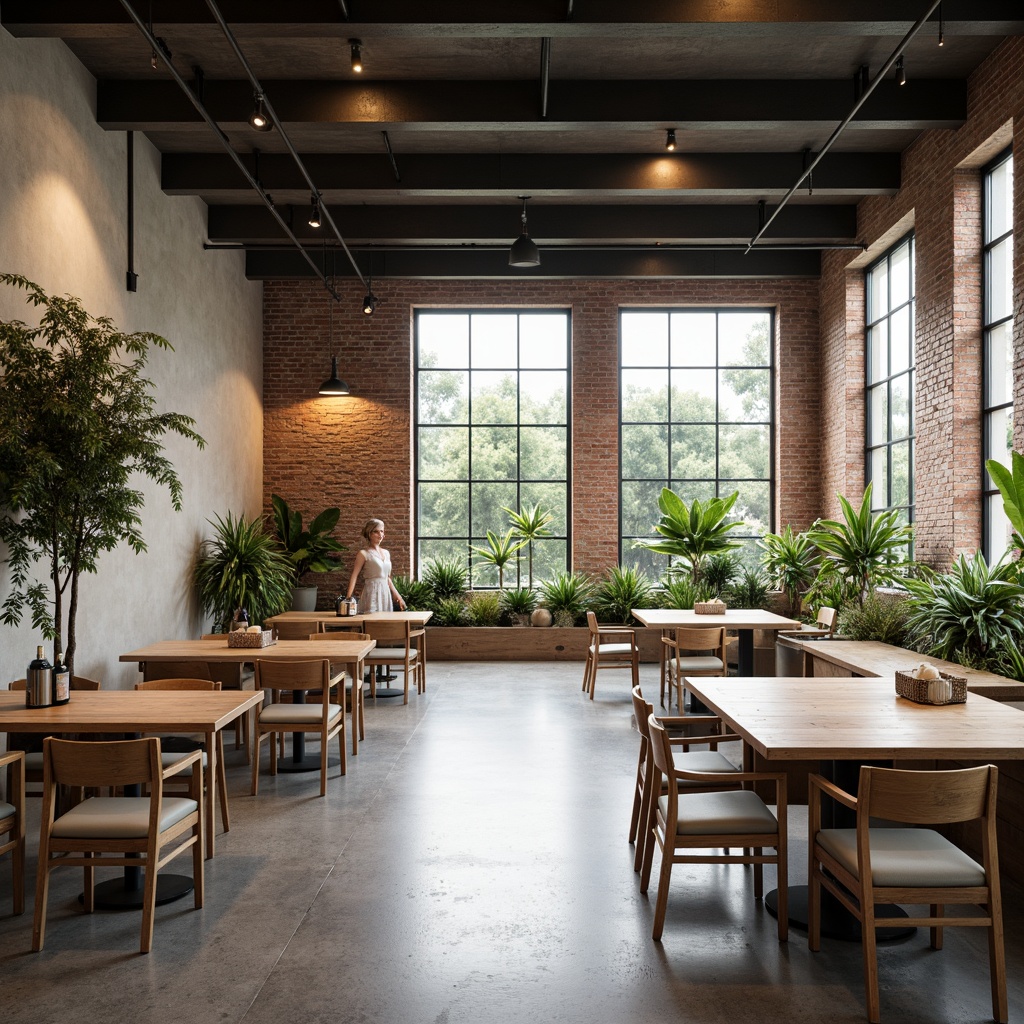 Prompt: Minimalist dining hall, sleek wooden tables, simple chairs, neutral color palette, natural materials, industrial lighting fixtures, exposed brick walls, polished concrete floors, greenery accents, airy atmosphere, abundant natural light, shallow depth of field, 3/4 composition, realistic textures, ambient occlusion.