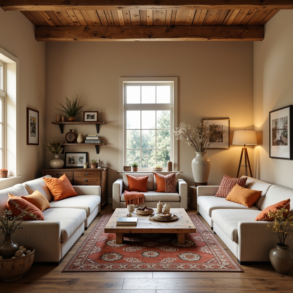 Prompt: Cozy family room, warm beige walls, plush sofas, vibrant throw pillows, natural wood coffee table, decorative vases, fresh flowers, rustic wooden shelves, framed family photos, soft area rugs, comfortable reading nooks, floor lamps, warm white lighting, 1/2 composition, intimate atmosphere, realistic textures.