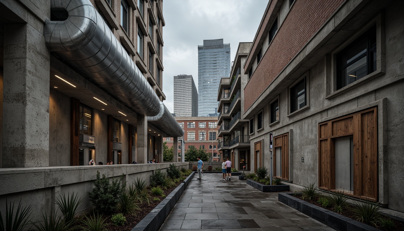 Prompt: Brutalist architecture, rugged concrete textures, industrial pipes, exposed ductwork, metallic tones, weathered steel beams, distressed wood accents, bold graphic patterns, urban cityscape backdrop, overcast skies, dramatic shadows, high-contrast lighting, cinematic composition, moody atmosphere, gritty realistic render.