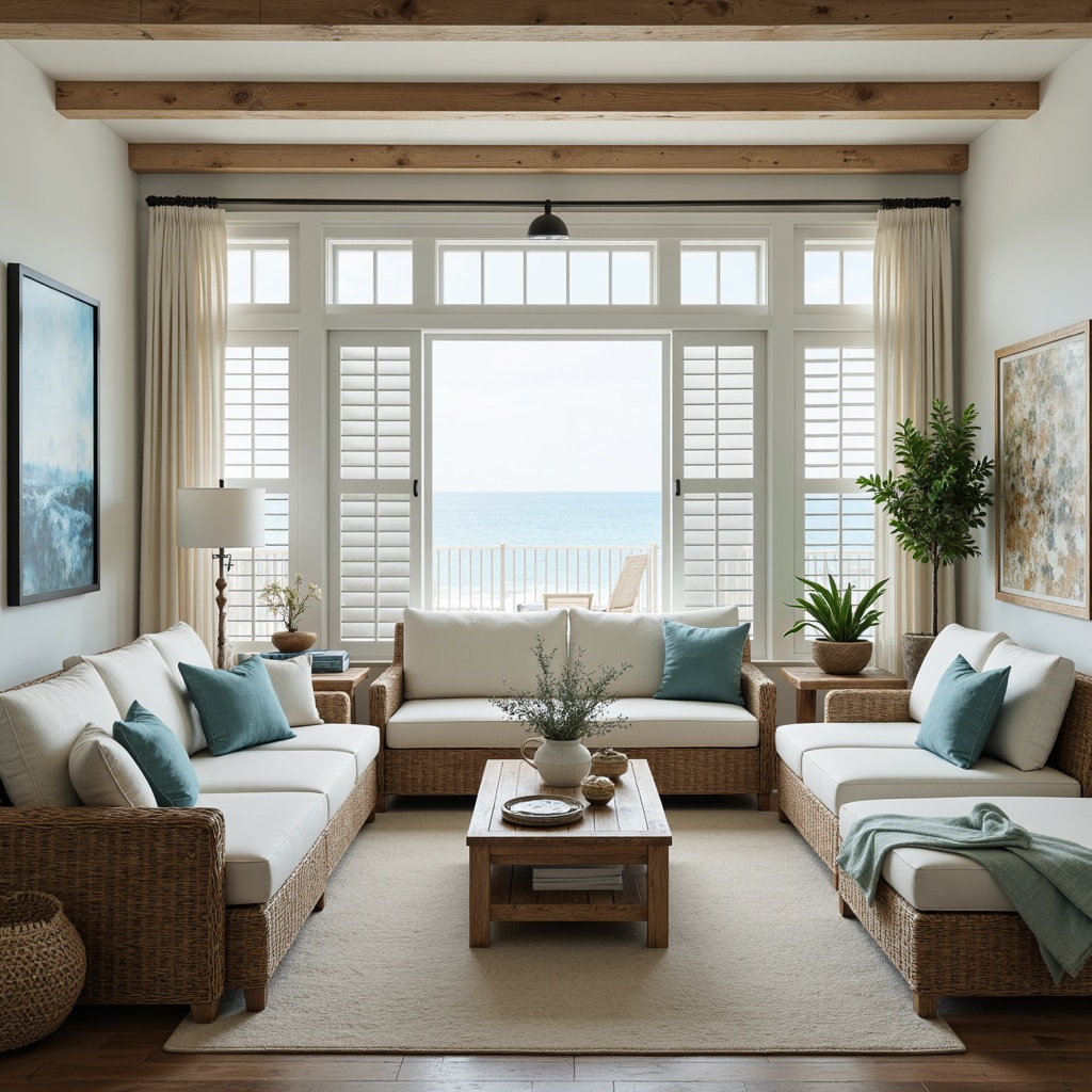 Prompt: Calming coastal ambiance, soothing ocean hues, soft blues, creamy whites, warm sandy beiges, weathered wood accents, natural textiles, woven fibers, driftwood furniture, sea glass-inspired decor, shells, pebbles, ocean breezes, serene atmosphere, gentle lighting, layered window treatments, plantation shutters, beachy vibes, relaxed living spaces, informal elegance, coastal charm.