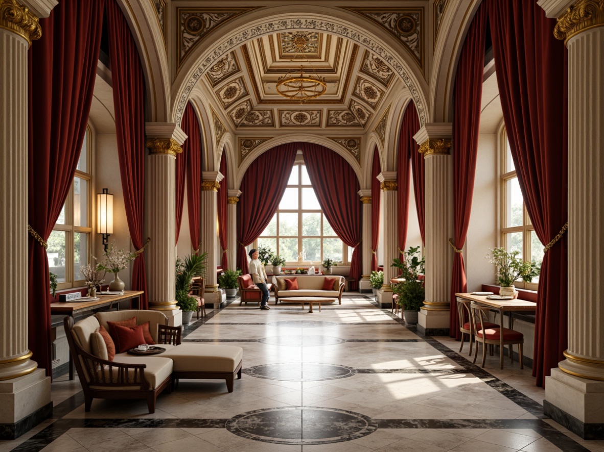 Prompt: Grandiose interior, ornate arches, classical columns, marble floors, vaulted ceilings, intricate moldings, luxurious furnishings, velvet drapes, golden accents, ornamental mirrors, Renaissance-era patterns, elegant proportions, symmetrical compositions, soft warm lighting, shallow depth of field, 1/1 composition, realistic textures, ambient occlusion.